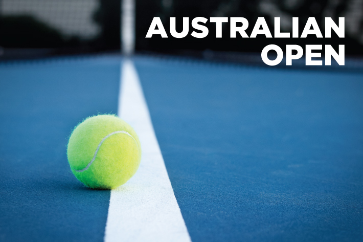 Showing Australian Open live at Turf Bar. Image of tennis ball on a blue tennis court.